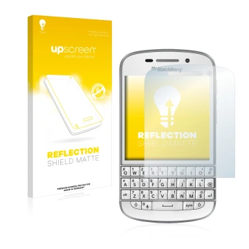 Parte frontale di una confezione del prodotto con il logo del marchio upscreen. Accanto è raffigurato il dispositivo BlackBerr