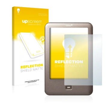 Parte frontale di una confezione del prodotto con il logo del marchio upscreen. Accanto è raffigurato il dispositivo Tolino Sh