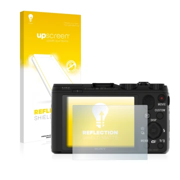 Parte frontale di una confezione del prodotto con il logo del marchio upscreen. Accanto è raffigurato il dispositivo Sony Cybe