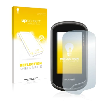 Parte frontale di una confezione del prodotto con il logo del marchio upscreen. Accanto è raffigurato il dispositivo Garmin Or