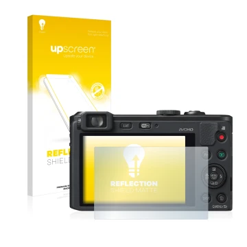 Parte frontale di una confezione del prodotto con il logo del marchio upscreen. Accanto è raffigurato il dispositivo Panasonic