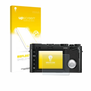 Parte frontale di una confezione del prodotto con il logo del marchio upscreen. Accanto è raffigurato il dispositivo Leica X V