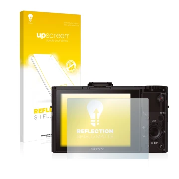 Parte frontale di una confezione del prodotto con il logo del marchio upscreen. Accanto è raffigurato il dispositivo Sony Cybe