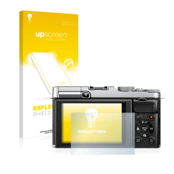 Parte frontale di una confezione del prodotto con il logo del marchio upscreen. Accanto è raffigurato il dispositivo Fujifilm 