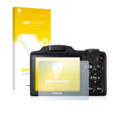 Parte frontale di una confezione del prodotto con il logo del marchio upscreen. Accanto è raffigurato il dispositivo Canon Pow