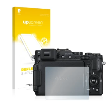 Parte frontale di una confezione del prodotto con il logo del marchio upscreen. Accanto è raffigurato il dispositivo Nikon Coo