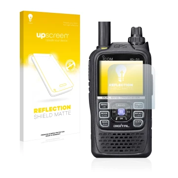 Parte frontale di una confezione del prodotto con il logo del marchio upscreen. Accanto è raffigurato il dispositivo Icom ID-5