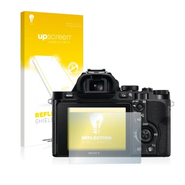 Parte frontale di una confezione del prodotto con il logo del marchio upscreen. Accanto è raffigurato il dispositivo Sony Alph