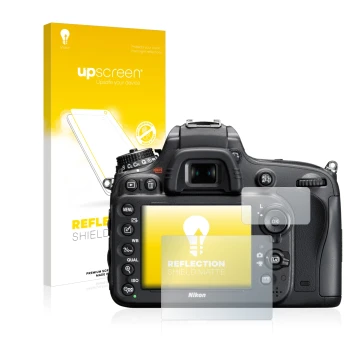 Parte frontale di una confezione del prodotto con il logo del marchio upscreen. Accanto è raffigurato il dispositivo Nikon D61