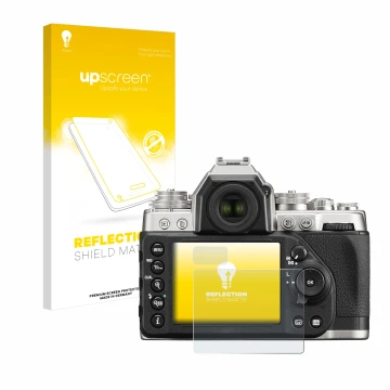 Parte frontale di una confezione del prodotto con il logo del marchio upscreen. Accanto è raffigurato il dispositivo Nikon Df 