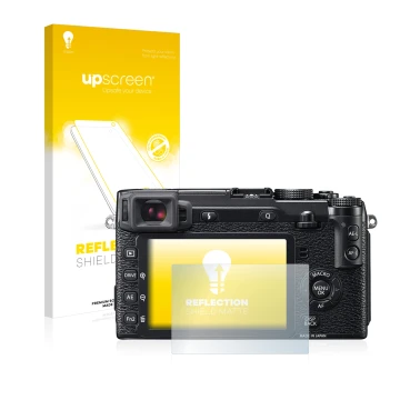 Parte frontale di una confezione del prodotto con il logo del marchio upscreen. Accanto è raffigurato il dispositivo Fujifilm 