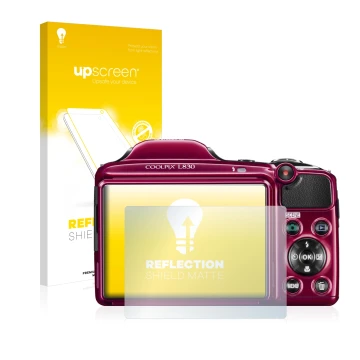 Parte frontale di una confezione del prodotto con il logo del marchio upscreen. Accanto è raffigurato il dispositivo Nikon Coo