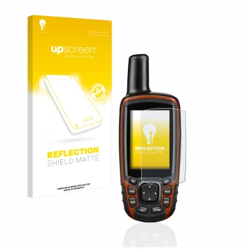 Parte frontale di una confezione del prodotto con il logo del marchio upscreen. Accanto è raffigurato il dispositivo Garmin GP