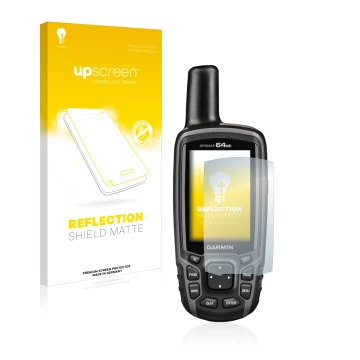 Parte frontale di una confezione del prodotto con il logo del marchio upscreen. Accanto è raffigurato il dispositivo Garmin GP