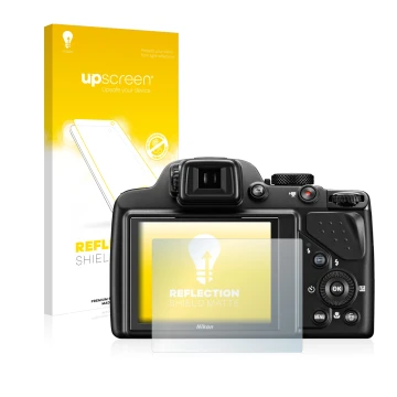 Parte frontale di una confezione del prodotto con il logo del marchio upscreen. Accanto è raffigurato il dispositivo Nikon Coo