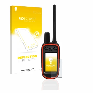 Parte frontale di una confezione del prodotto con il logo del marchio upscreen. Accanto è raffigurato il dispositivo Garmin Al