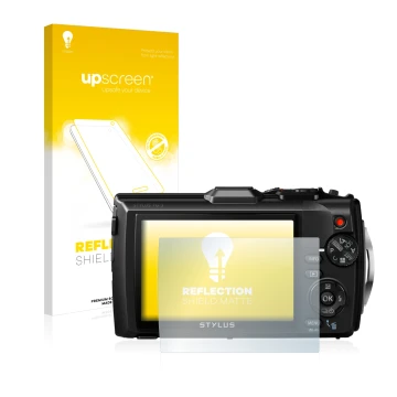Parte frontale di una confezione del prodotto con il logo del marchio upscreen. Accanto è raffigurato il dispositivo Olympus S