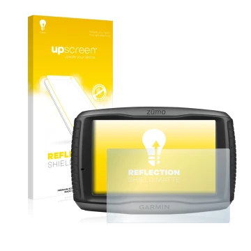 Parte frontale di una confezione del prodotto con il logo del marchio upscreen. Accanto è raffigurato il dispositivo Garmin zu