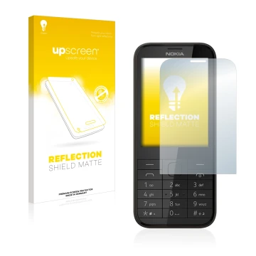 Parte frontale di una confezione del prodotto con il logo del marchio upscreen. Accanto è raffigurato il dispositivo Nokia 225