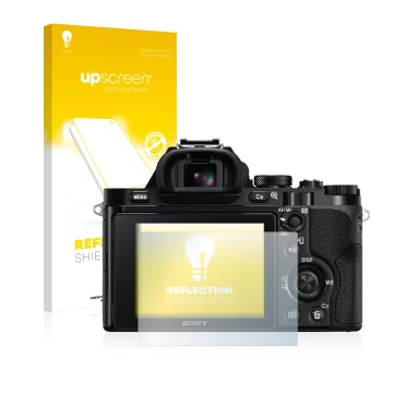 Parte frontale di una confezione del prodotto con il logo del marchio upscreen. Accanto è raffigurato il dispositivo Sony Alph