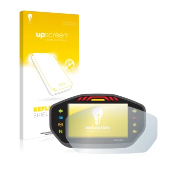 Parte frontale di una confezione del prodotto con il logo del marchio upscreen. Accanto è raffigurato il dispositivo Ducati Mo