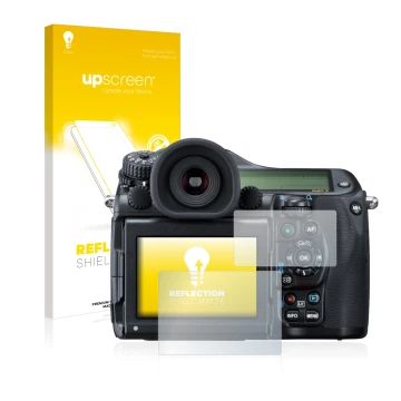 Parte frontale di una confezione del prodotto con il logo del marchio upscreen. Accanto è raffigurato il dispositivo Pentax 64