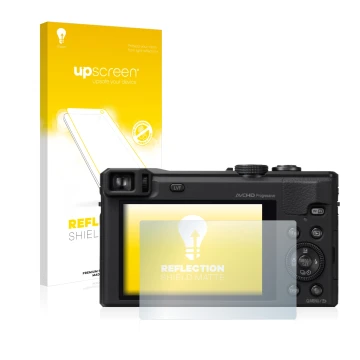 Parte frontale di una confezione del prodotto con il logo del marchio upscreen. Accanto è raffigurato il dispositivo Panasonic