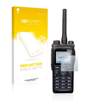 Parte frontale di una confezione del prodotto con il logo del marchio upscreen. Accanto è raffigurato il dispositivo Hytera PD