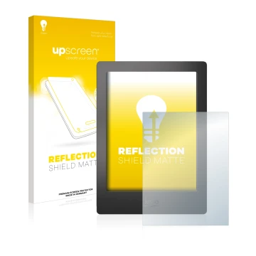 Parte frontale di una confezione del prodotto con il logo del marchio upscreen. Accanto è raffigurato il dispositivo Kobo Aura