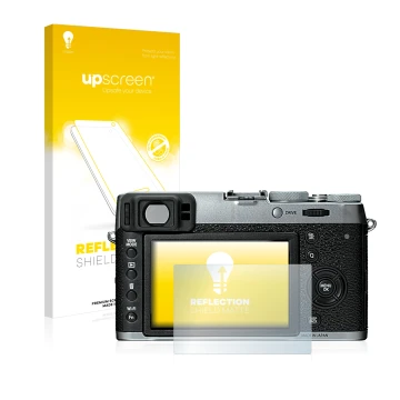 Parte frontale di una confezione del prodotto con il logo del marchio upscreen. Accanto è raffigurato il dispositivo Fujifilm 