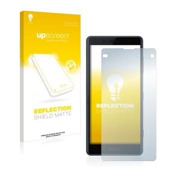 Parte frontale di una confezione del prodotto con il logo del marchio upscreen. Accanto è raffigurato il dispositivo Sony Xper