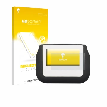 Parte frontale di una confezione del prodotto con il logo del marchio upscreen. Accanto è raffigurato il dispositivo Signotec 