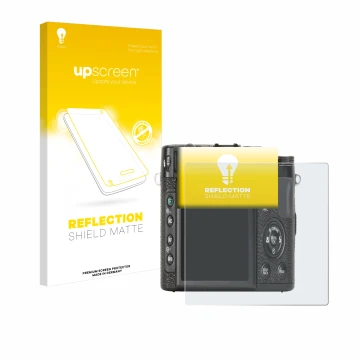 Parte frontale di una confezione del prodotto con il logo del marchio upscreen. Accanto è raffigurato il dispositivo Fujifilm 