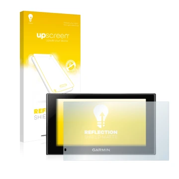 Parte frontale di una confezione del prodotto con il logo del marchio upscreen. Accanto è raffigurato il dispositivo Garmin nü