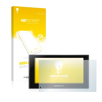 Parte frontale di una confezione del prodotto con il logo del marchio upscreen. Accanto è raffigurato il dispositivo Garmin nü