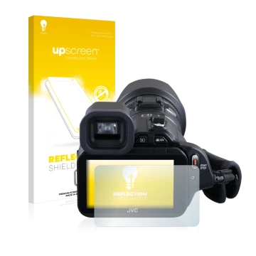 Parte frontale di una confezione del prodotto con il logo del marchio upscreen. Accanto è raffigurato il dispositivo JVC GC-PX