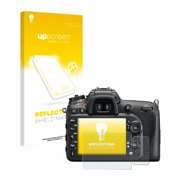 Parte frontale di una confezione del prodotto con il logo del marchio upscreen. Accanto è raffigurato il dispositivo Nikon D72