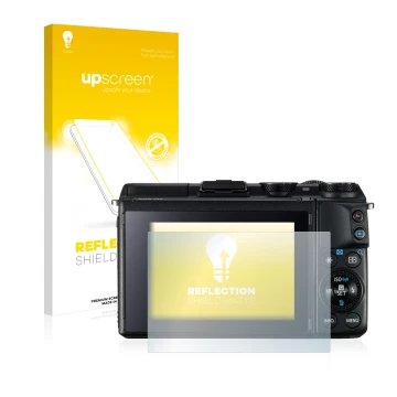 Parte frontale di una confezione del prodotto con il logo del marchio upscreen. Accanto è raffigurato il dispositivo Canon EOS