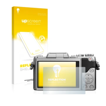 Parte frontale di una confezione del prodotto con il logo del marchio upscreen. Accanto è raffigurato il dispositivo Panasonic