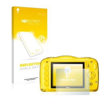 Parte frontale di una confezione del prodotto con il logo del marchio upscreen. Accanto è raffigurato il dispositivo Nikon Coo