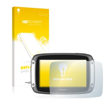 Parte frontale di una confezione del prodotto con il logo del marchio upscreen. Accanto è raffigurato il dispositivo TomTom Ri