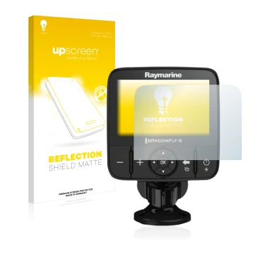 Parte frontale di una confezione del prodotto con il logo del marchio upscreen. Accanto è raffigurato il dispositivo Raymarine