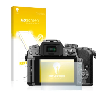 Parte frontale di una confezione del prodotto con il logo del marchio upscreen. Accanto è raffigurato il dispositivo Panasonic