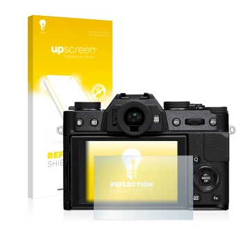 Parte frontale di una confezione del prodotto con il logo del marchio upscreen. Accanto è raffigurato il dispositivo Fujifilm 