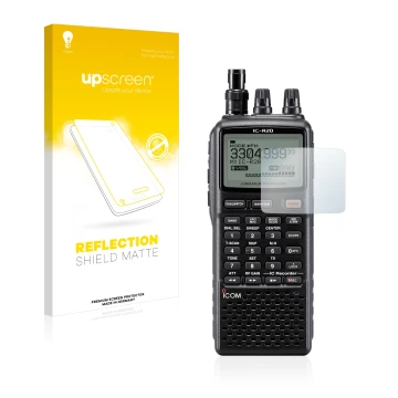 Parte frontale di una confezione del prodotto con il logo del marchio upscreen. Accanto è raffigurato il dispositivo Icom IC-R