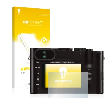 Parte frontale di una confezione del prodotto con il logo del marchio upscreen. Accanto è raffigurato il dispositivo Leica Q (