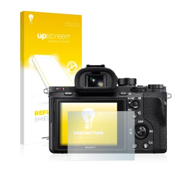 Parte frontale di una confezione del prodotto con il logo del marchio upscreen. Accanto è raffigurato il dispositivo Sony Alph