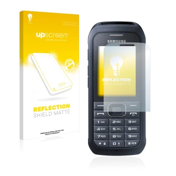 Parte frontale di una confezione del prodotto con il logo del marchio upscreen. Accanto è raffigurato il dispositivo Samsung X