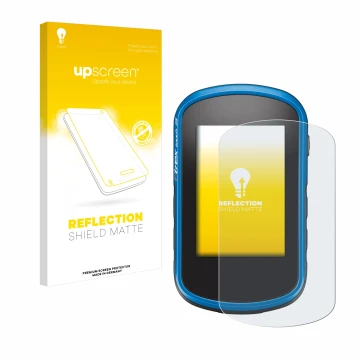 Parte frontale di una confezione del prodotto con il logo del marchio upscreen. Accanto è raffigurato il dispositivo Garmin eT