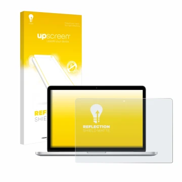 Parte frontale di una confezione del prodotto con il logo del marchio upscreen. Accanto è raffigurato il dispositivo Apple Mac